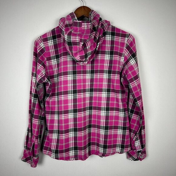 Carhartt Flannel Shirt Womens Small Pink Plaid‎ Hooded Pearl Snap Rugged Shacket - Picture 7 of 9